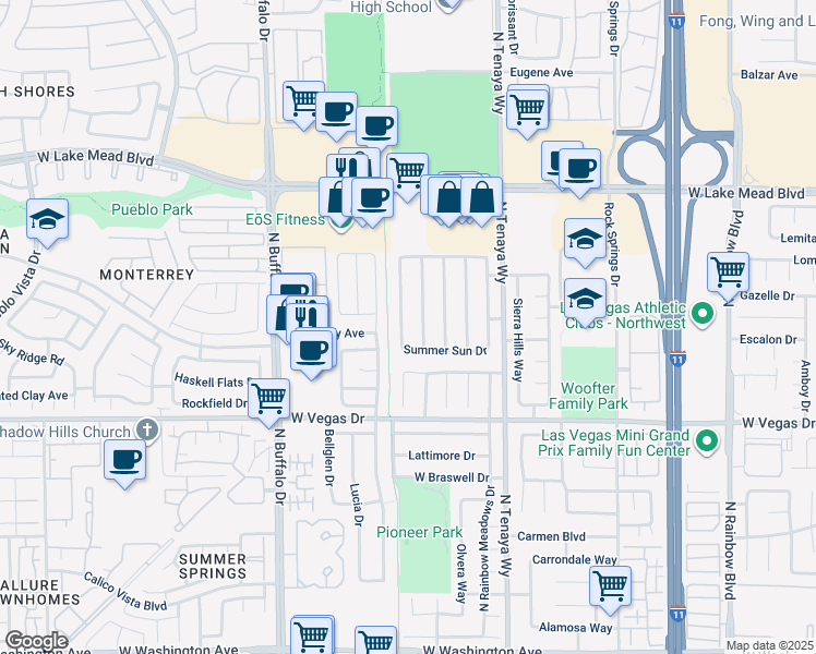 map of restaurants, bars, coffee shops, grocery stores, and more near 1724 Navajo Lake Way in Las Vegas