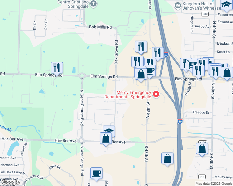map of restaurants, bars, coffee shops, grocery stores, and more near 769 Oak Grove Road in Springdale