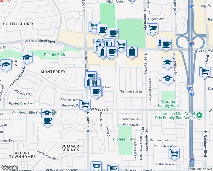 map of restaurants, bars, coffee shops, grocery stores, and more near 7513 Pacific Heights Avenue in Las Vegas
