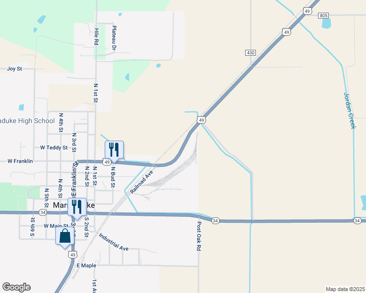 map of restaurants, bars, coffee shops, grocery stores, and more near 12001-12333 East Franklin in Marmaduke