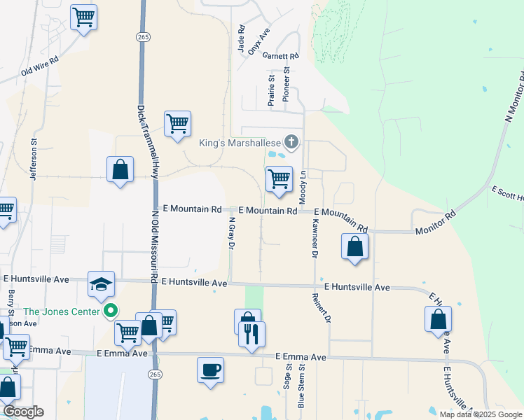 map of restaurants, bars, coffee shops, grocery stores, and more near 1858 East Mountain Road in Springdale
