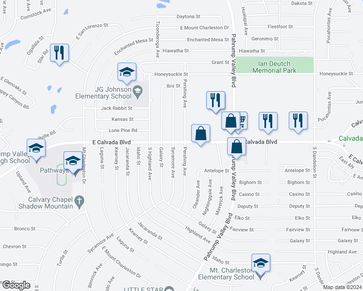 map of restaurants, bars, coffee shops, grocery stores, and more near 1099 East Calvada Boulevard in Pahrump