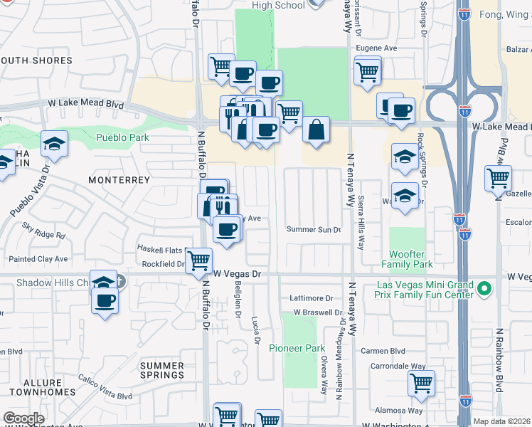 map of restaurants, bars, coffee shops, grocery stores, and more near 7500 Sea Spray Avenue in Las Vegas