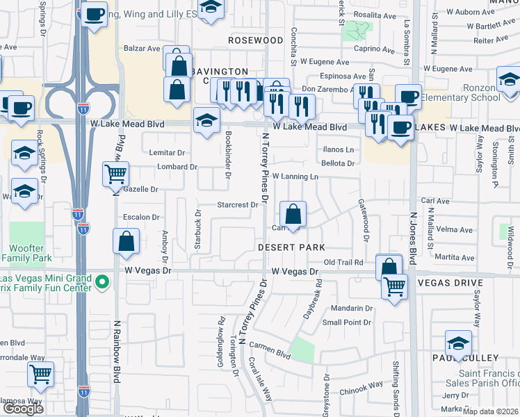 map of restaurants, bars, coffee shops, grocery stores, and more near 1816 North Torrey Pines Drive in Las Vegas