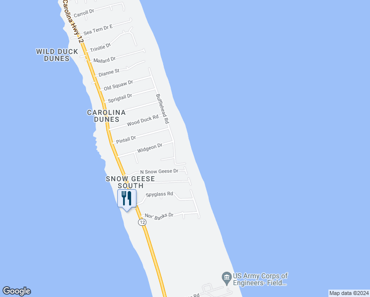 map of restaurants, bars, coffee shops, grocery stores, and more near 163 Bufflehead Road in Kitty Hawk