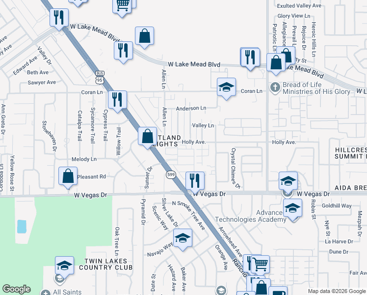 map of restaurants, bars, coffee shops, grocery stores, and more near 1800 Cindysue Street in Las Vegas