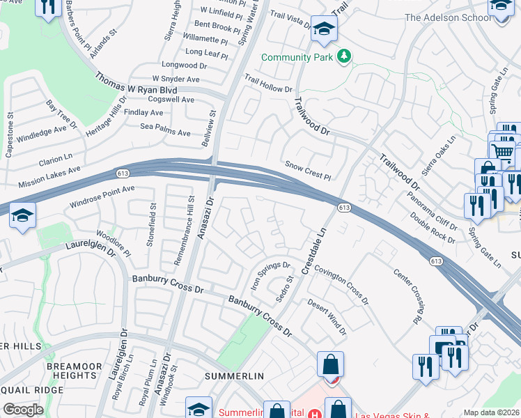 map of restaurants, bars, coffee shops, grocery stores, and more near 10300 Pinto Creek Lane in Las Vegas