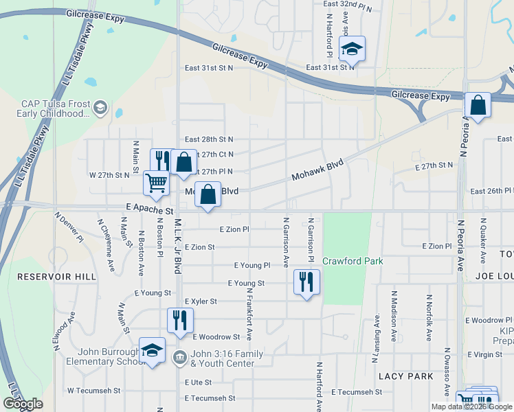 map of restaurants, bars, coffee shops, grocery stores, and more near 523 East 26th Place North in Tulsa