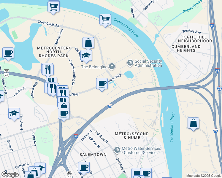 map of restaurants, bars, coffee shops, grocery stores, and more near 9 Vantage Way in Nashville
