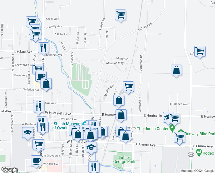 map of restaurants, bars, coffee shops, grocery stores, and more near 120 Rhodes Avenue in Springdale