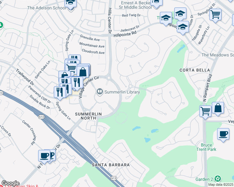 map of restaurants, bars, coffee shops, grocery stores, and more near Hills in Las Vegas