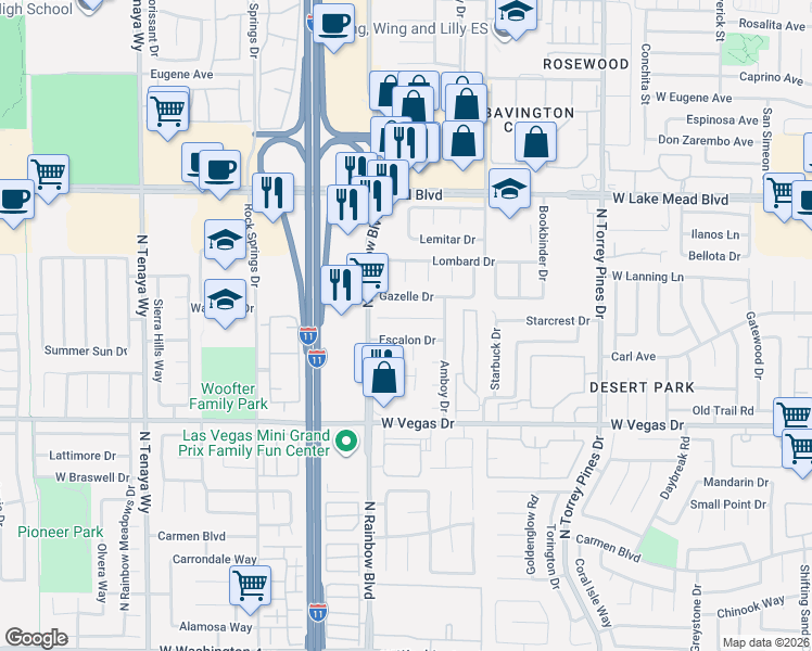 map of restaurants, bars, coffee shops, grocery stores, and more near 6641 Fredonia Drive in Las Vegas