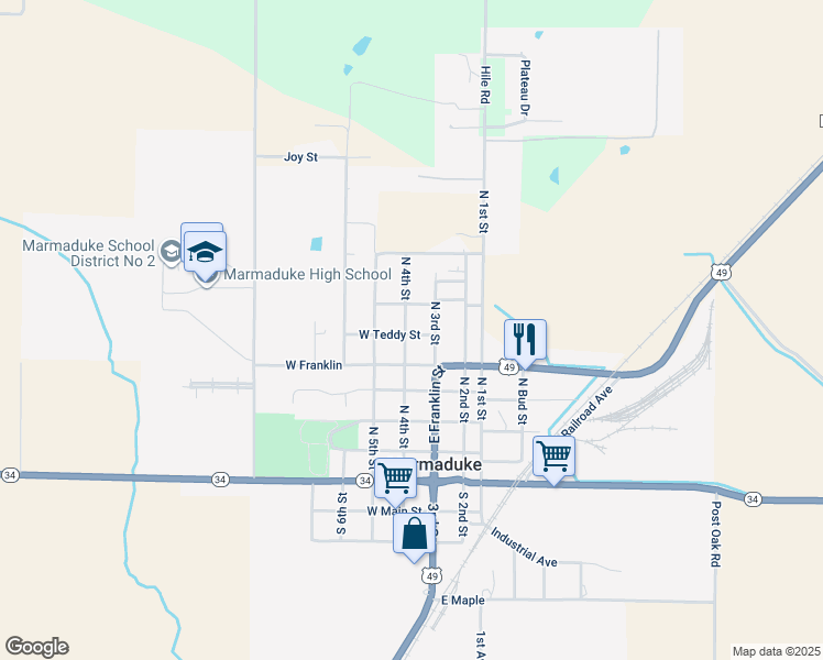 map of restaurants, bars, coffee shops, grocery stores, and more near 508 West Teddy Street in Marmaduke