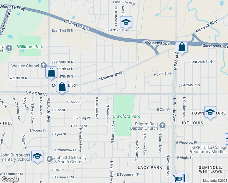map of restaurants, bars, coffee shops, grocery stores, and more near 653 East Apache Street in Tulsa