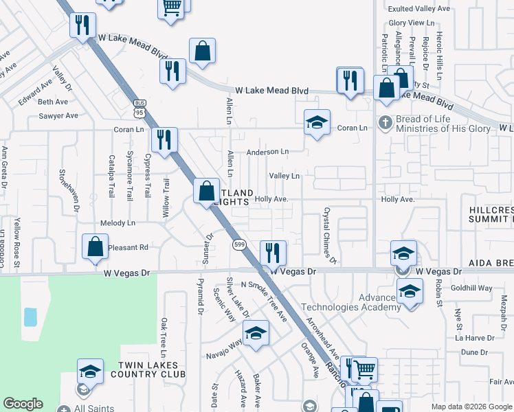 map of restaurants, bars, coffee shops, grocery stores, and more near 1800 Cindysue Street in Las Vegas