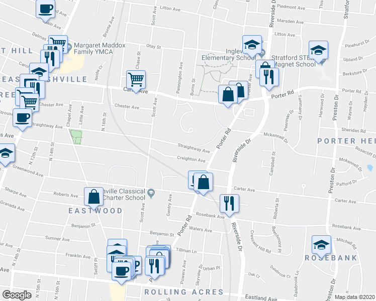 map of restaurants, bars, coffee shops, grocery stores, and more near 2028 Straightway Avenue in Nashville