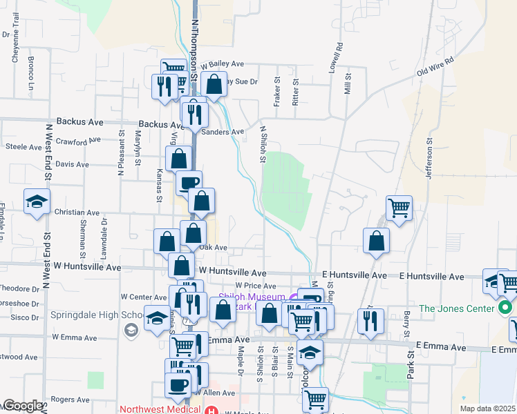 map of restaurants, bars, coffee shops, grocery stores, and more near Razorback Greenway in Springdale