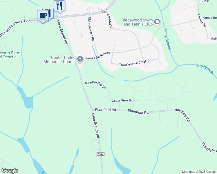 map of restaurants, bars, coffee shops, grocery stores, and more near 2154 Meadow Run Drive in Greensboro