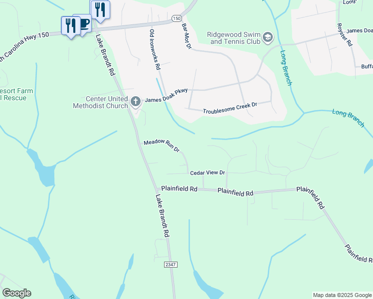 map of restaurants, bars, coffee shops, grocery stores, and more near 2154 Meadow Run Drive in Greensboro