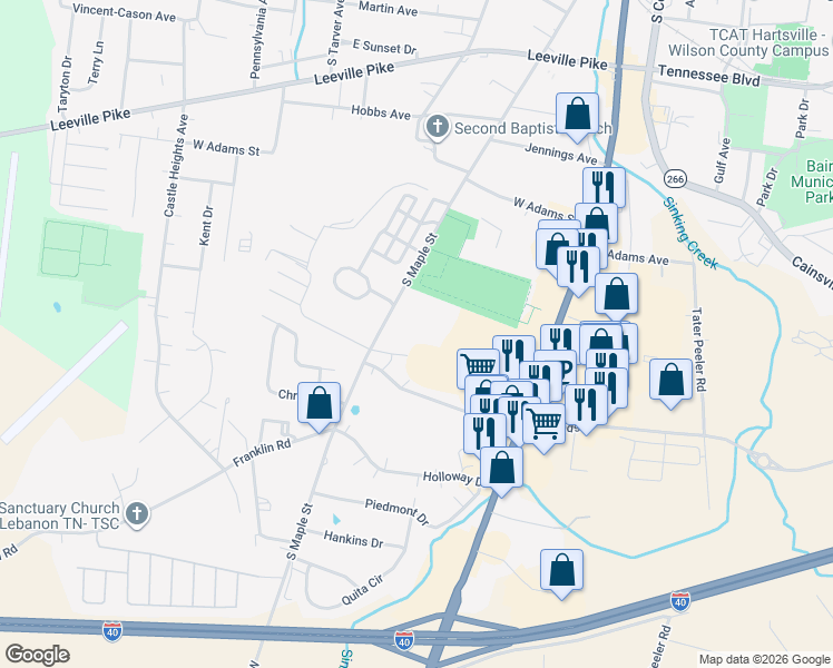 map of restaurants, bars, coffee shops, grocery stores, and more near 815 South Maple Street in Lebanon