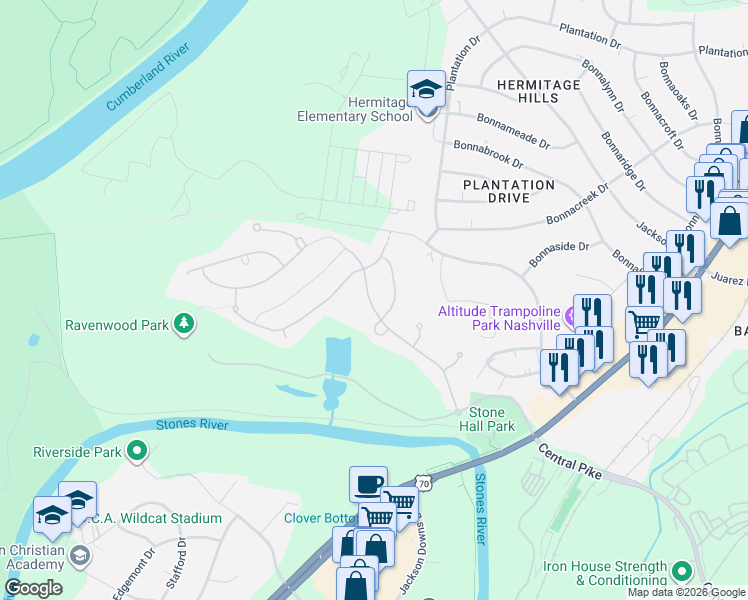 map of restaurants, bars, coffee shops, grocery stores, and more near 4221 Stone Hall Boulevard in Nashville