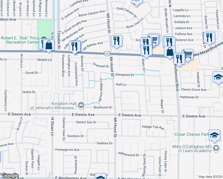 map of restaurants, bars, coffee shops, grocery stores, and more near 1790 Mount Hood Street in Las Vegas