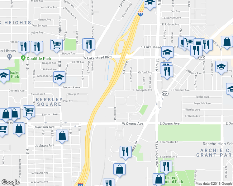 map of restaurants, bars, coffee shops, grocery stores, and more near 1735 Stocker Street in North Las Vegas