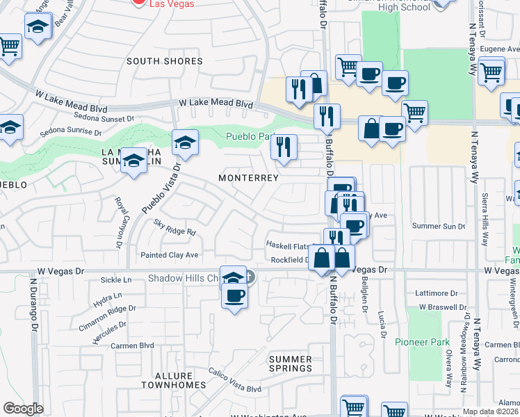 map of restaurants, bars, coffee shops, grocery stores, and more near 1713 Park Mesa Lane in Las Vegas