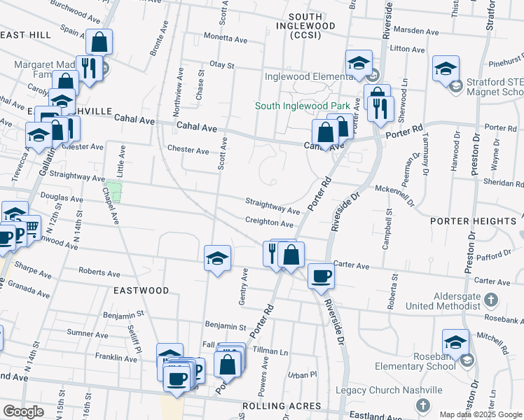 map of restaurants, bars, coffee shops, grocery stores, and more near 2028 Straightway Avenue in Nashville