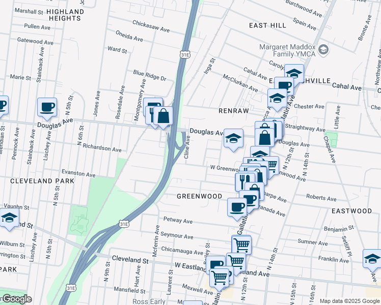 map of restaurants, bars, coffee shops, grocery stores, and more near 1209 Cline Avenue in Nashville