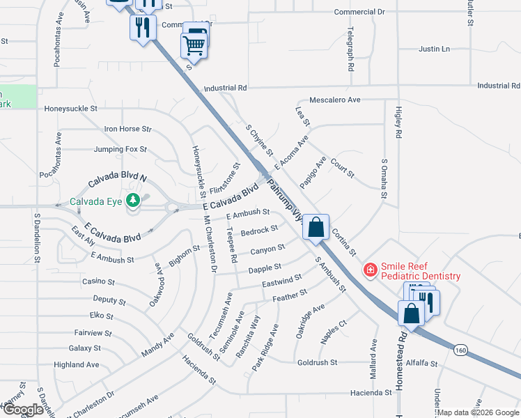 map of restaurants, bars, coffee shops, grocery stores, and more near 2560 East Ambush Street in Pahrump