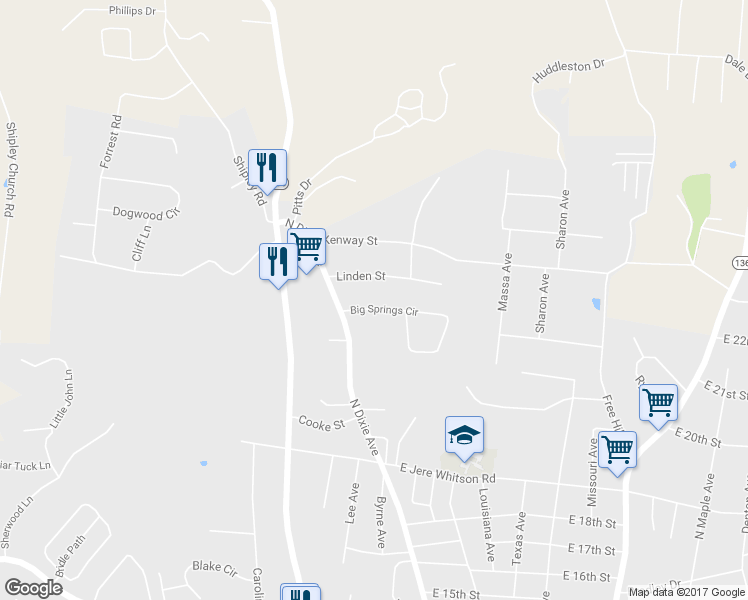 map of restaurants, bars, coffee shops, grocery stores, and more near 30 Big Springs Circle in Cookeville