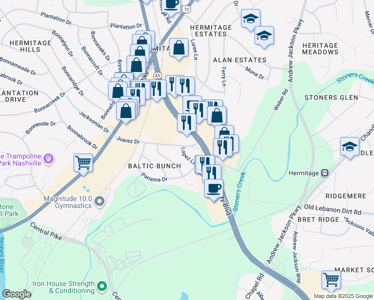 map of restaurants, bars, coffee shops, grocery stores, and more near 224 Juarez Drive in Nashville