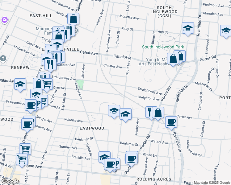 map of restaurants, bars, coffee shops, grocery stores, and more near 1611 Douglas Avenue in Nashville