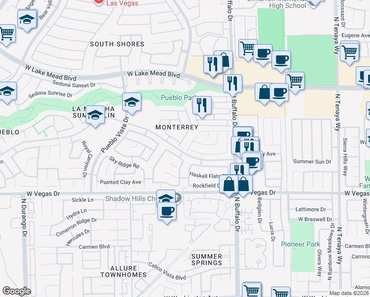map of restaurants, bars, coffee shops, grocery stores, and more near 1713 Park Mesa Lane in Las Vegas