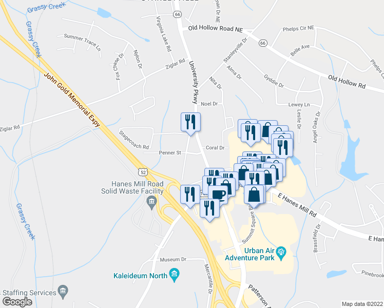 map of restaurants, bars, coffee shops, grocery stores, and more near 108 Penner Street in Winston-Salem