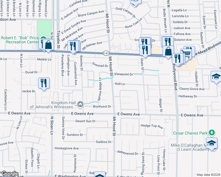 map of restaurants, bars, coffee shops, grocery stores, and more near 1790 Mount Hood Street in Las Vegas