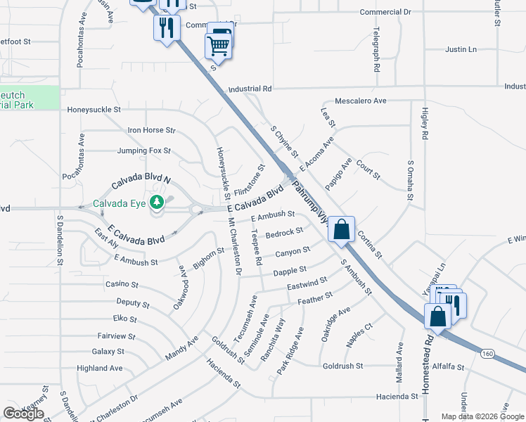map of restaurants, bars, coffee shops, grocery stores, and more near 2480 E Ambush St in Pahrump