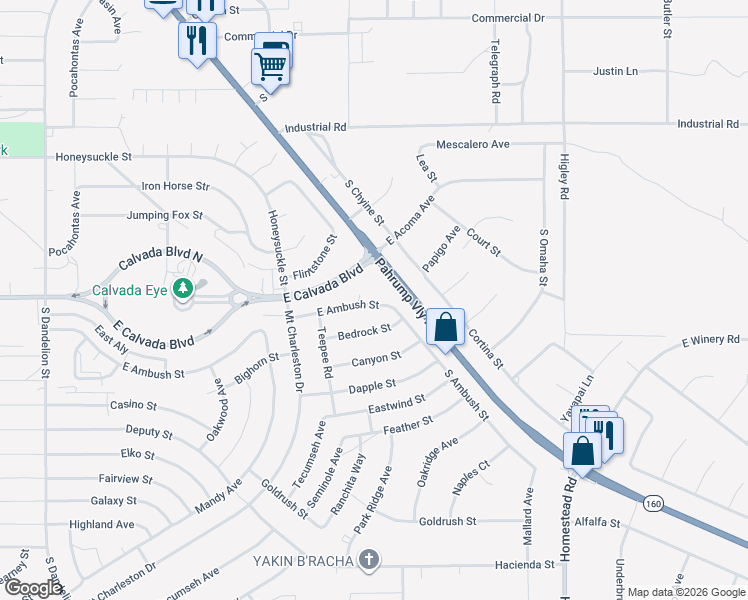 map of restaurants, bars, coffee shops, grocery stores, and more near 2560 East Ambush Street in Pahrump