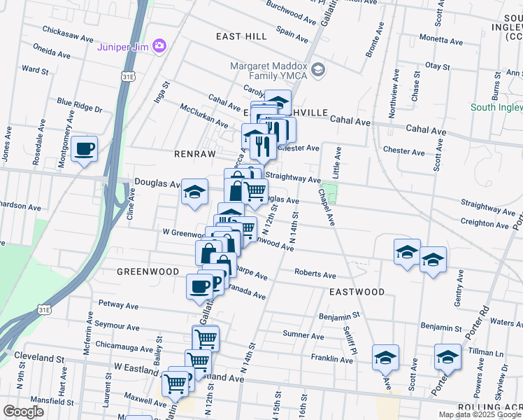 map of restaurants, bars, coffee shops, grocery stores, and more near 1111 McKennie Avenue in Nashville