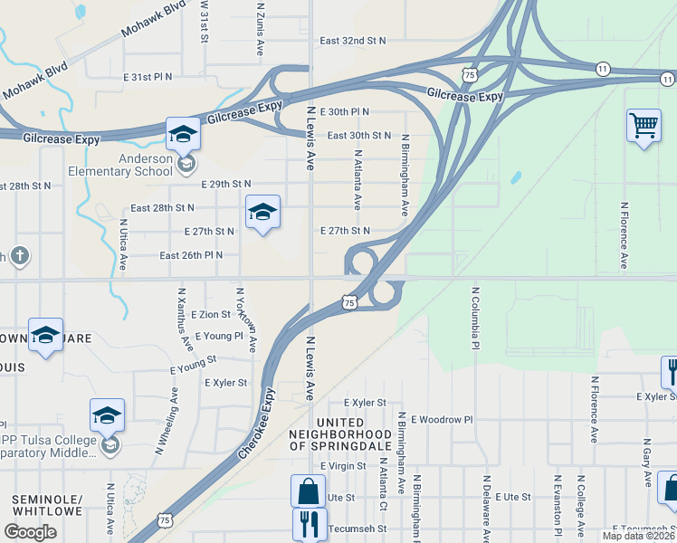 map of restaurants, bars, coffee shops, grocery stores, and more near 2429 East Apache Street in Tulsa