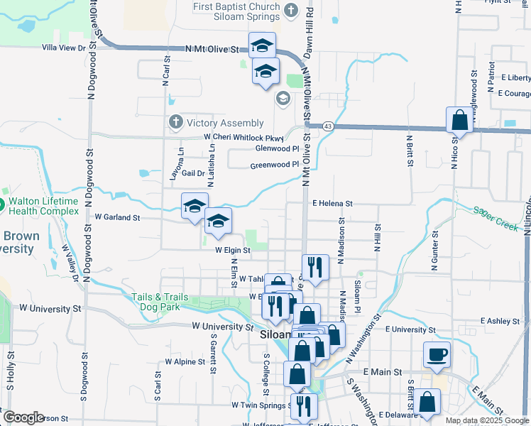 map of restaurants, bars, coffee shops, grocery stores, and more near 840 North Wright Street in Siloam Springs