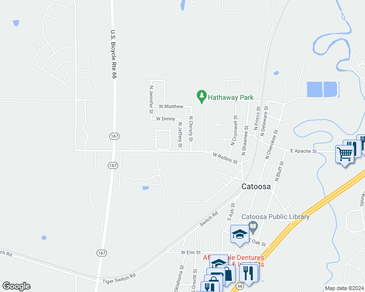 map of restaurants, bars, coffee shops, grocery stores, and more near 201 North Jeffery Street in Catoosa