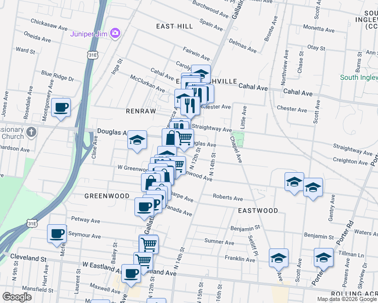 map of restaurants, bars, coffee shops, grocery stores, and more near 1111C McKennie Avenue in Nashville