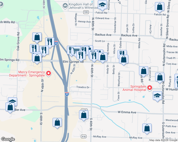 map of restaurants, bars, coffee shops, grocery stores, and more near 770 North 40th Street in Springdale