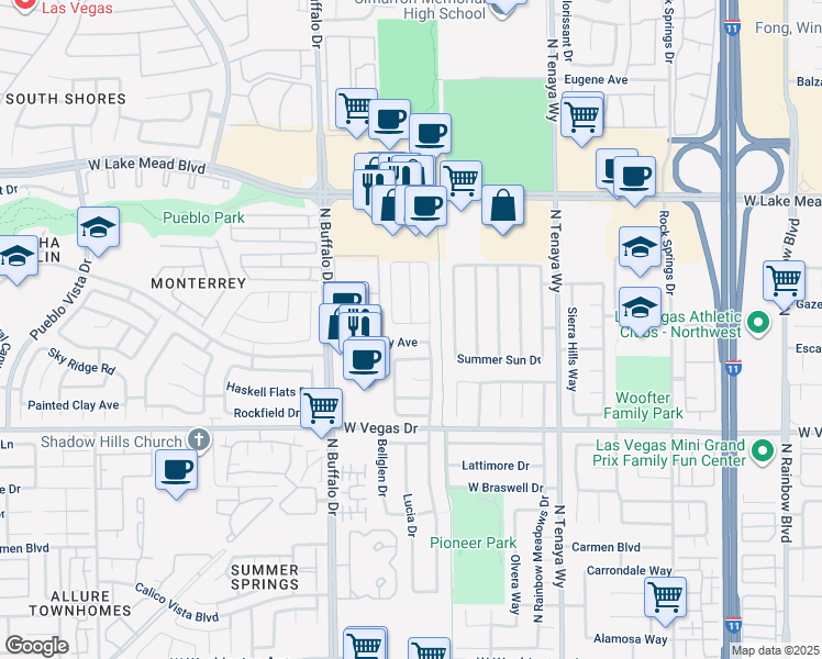 map of restaurants, bars, coffee shops, grocery stores, and more near 7513 Pacific Heights Avenue in Las Vegas