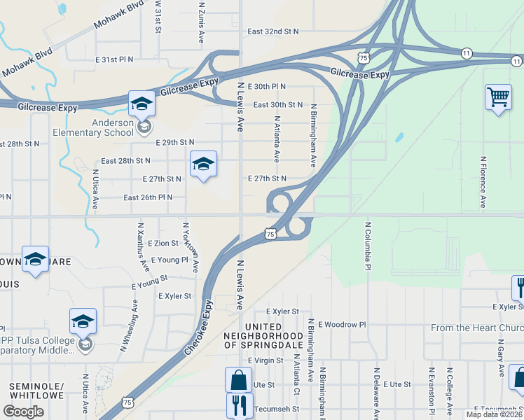 map of restaurants, bars, coffee shops, grocery stores, and more near 2429 East Apache Street in Tulsa