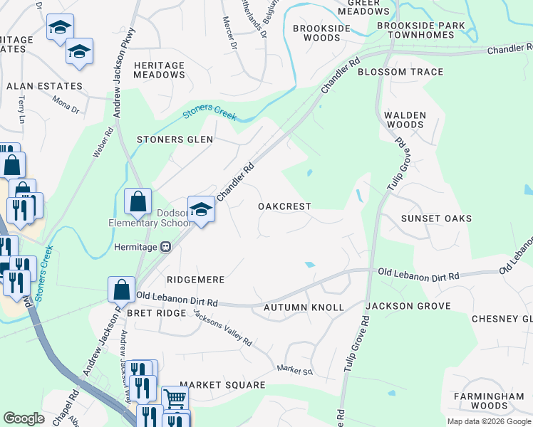 map of restaurants, bars, coffee shops, grocery stores, and more near 101 Oak Hollow Circle in Nashville