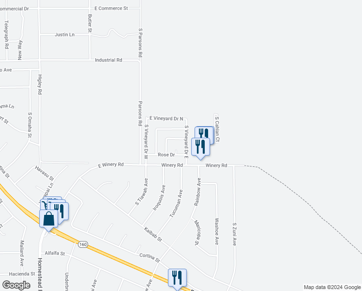 map of restaurants, bars, coffee shops, grocery stores, and more near 1931 Rose Court in Pahrump