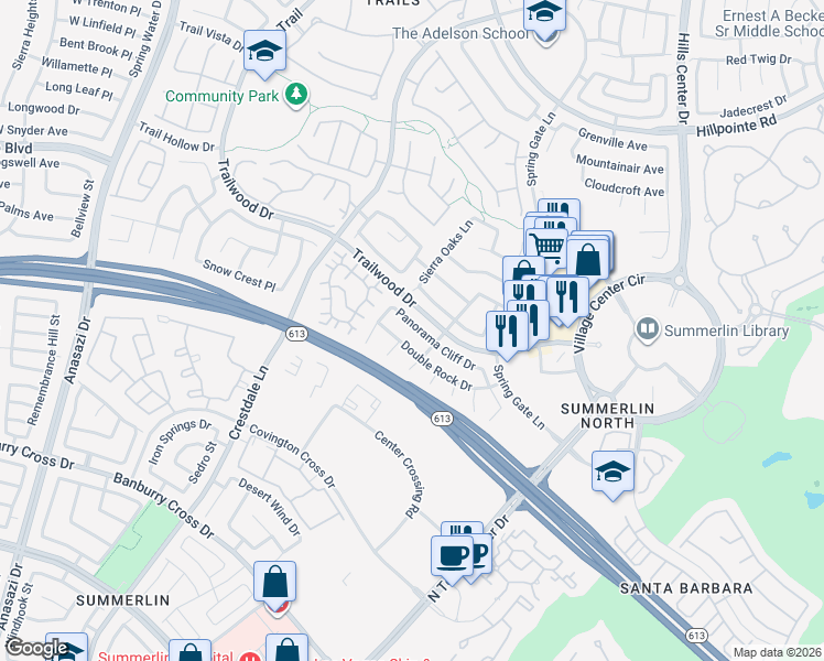 map of restaurants, bars, coffee shops, grocery stores, and more near 9825 Panorama Cliff Dr in Las Vegas